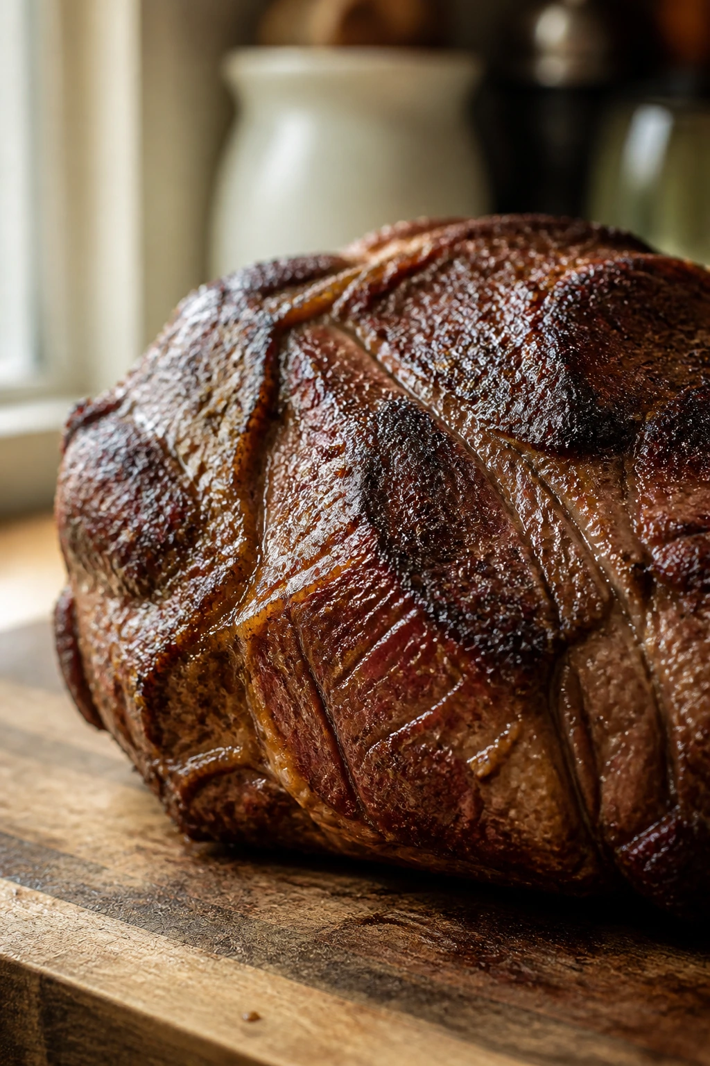 Close-up of thick chuck roast with a deep brown crust on a cutting board