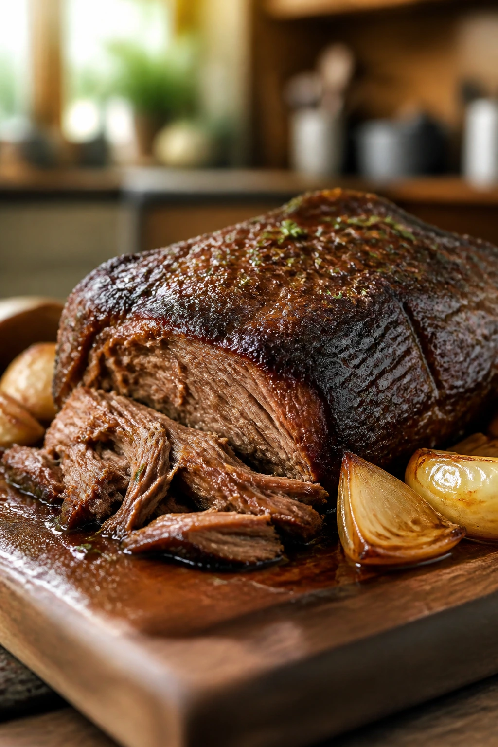 Close-up of a glossy fork-tender chuck roast on a rustic board with onions nearby.