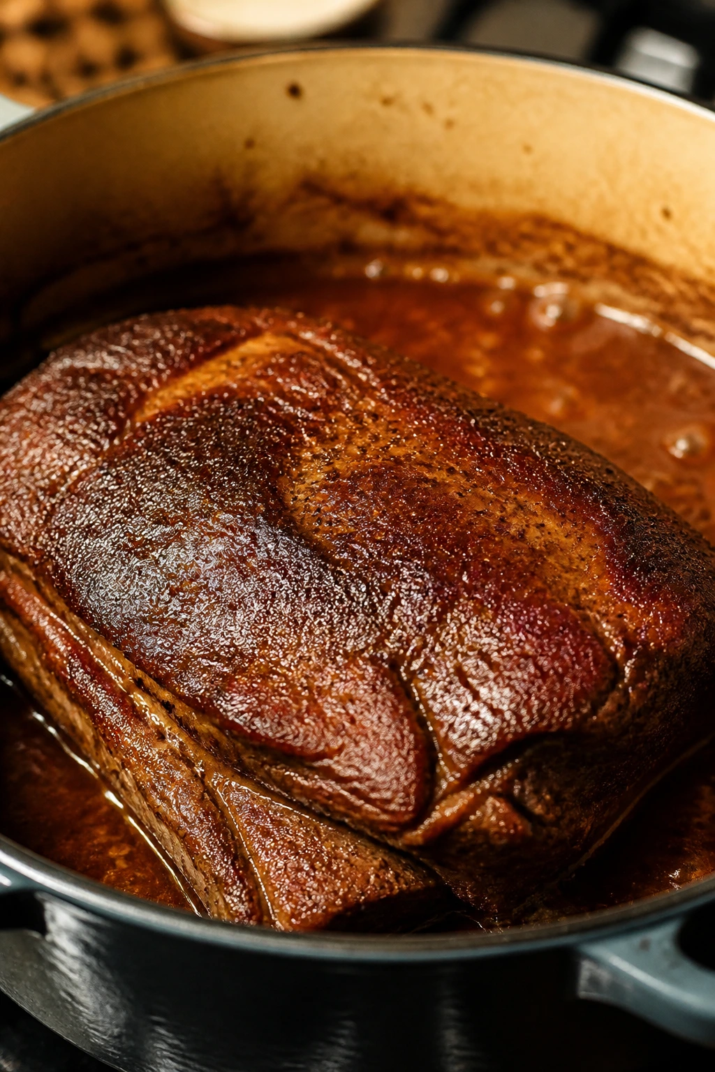 Close-up of seared chuck roast in a Dutch oven with simmering sauce
