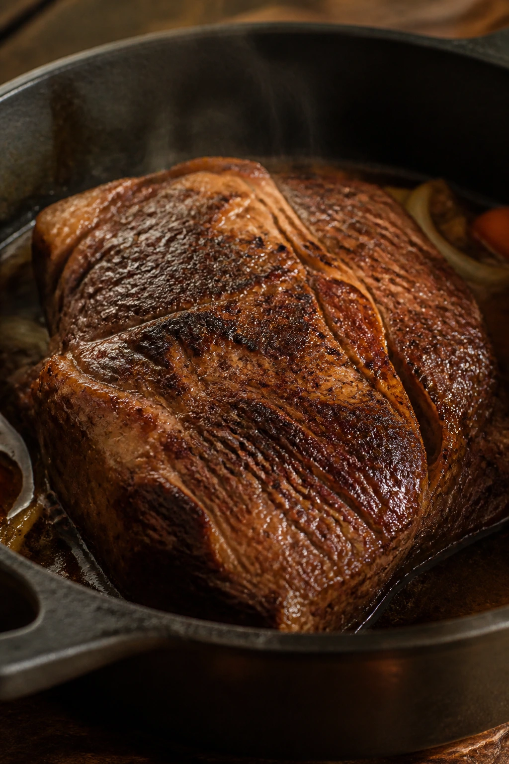 Close-up of marbled chuck roast for braising in a pot with rustic kitchen background.