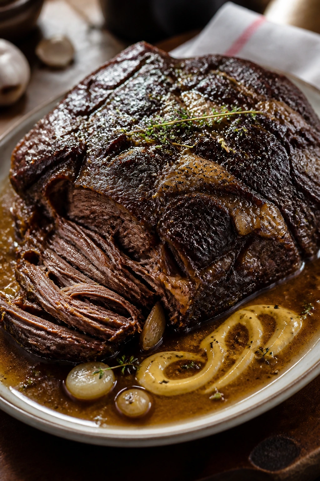 Chuck roast with a glossy gravy showing a subtle mustard swirl in a rustic kitchen