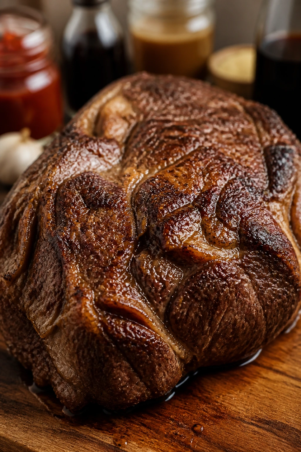Juicy browned chuck roast on cutting board with blurred background of sauces