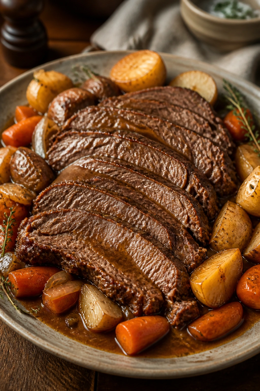 Close-up of a thick chuck roast on a warm platter with gravy and surrounding potatoes and vegetables on a rustic table