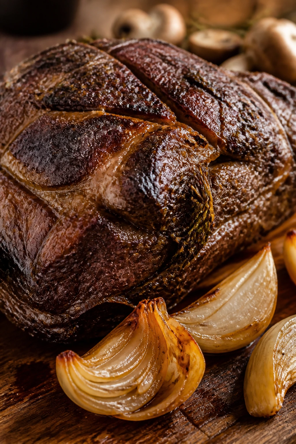 Chuck roast with onions and mushrooms around it on a rustic surface