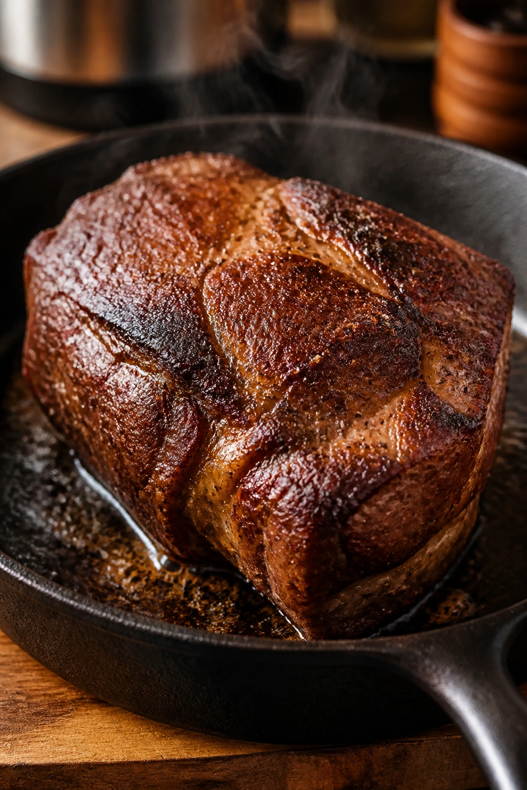 Close-up of thick chuck roast with a dark crust in a cast-iron skillet