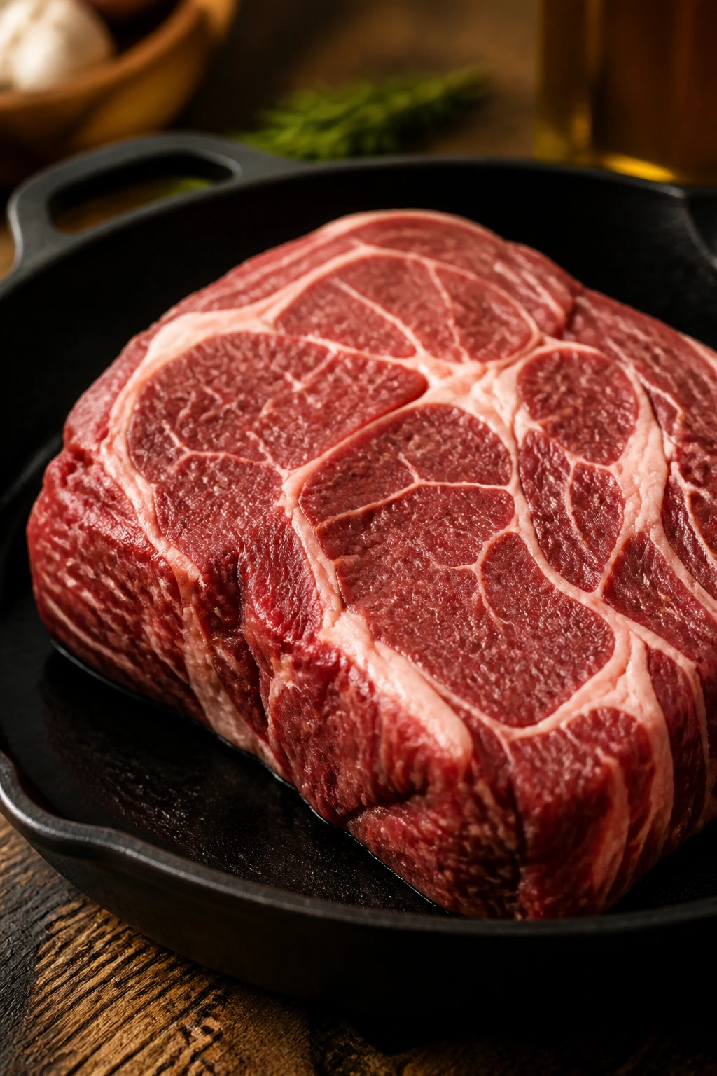 Close-up of chuck roast with marbling in a rustic skillet