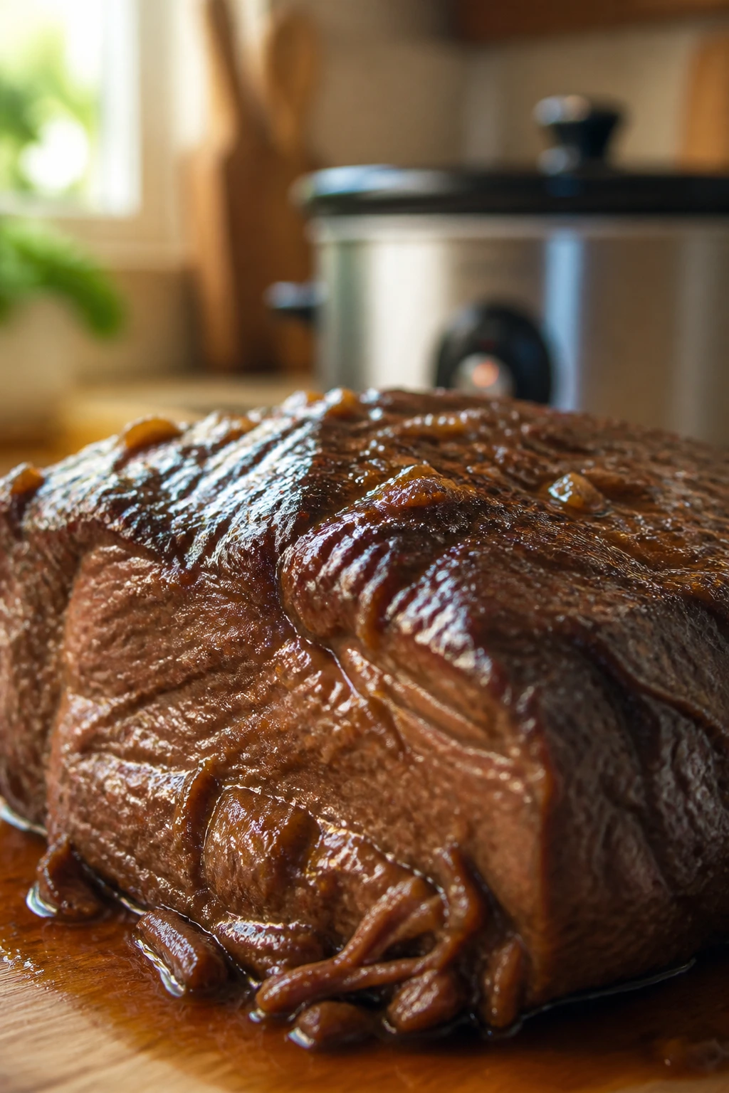 Close-up of braised chuck roast with glossy sauce on cutting board