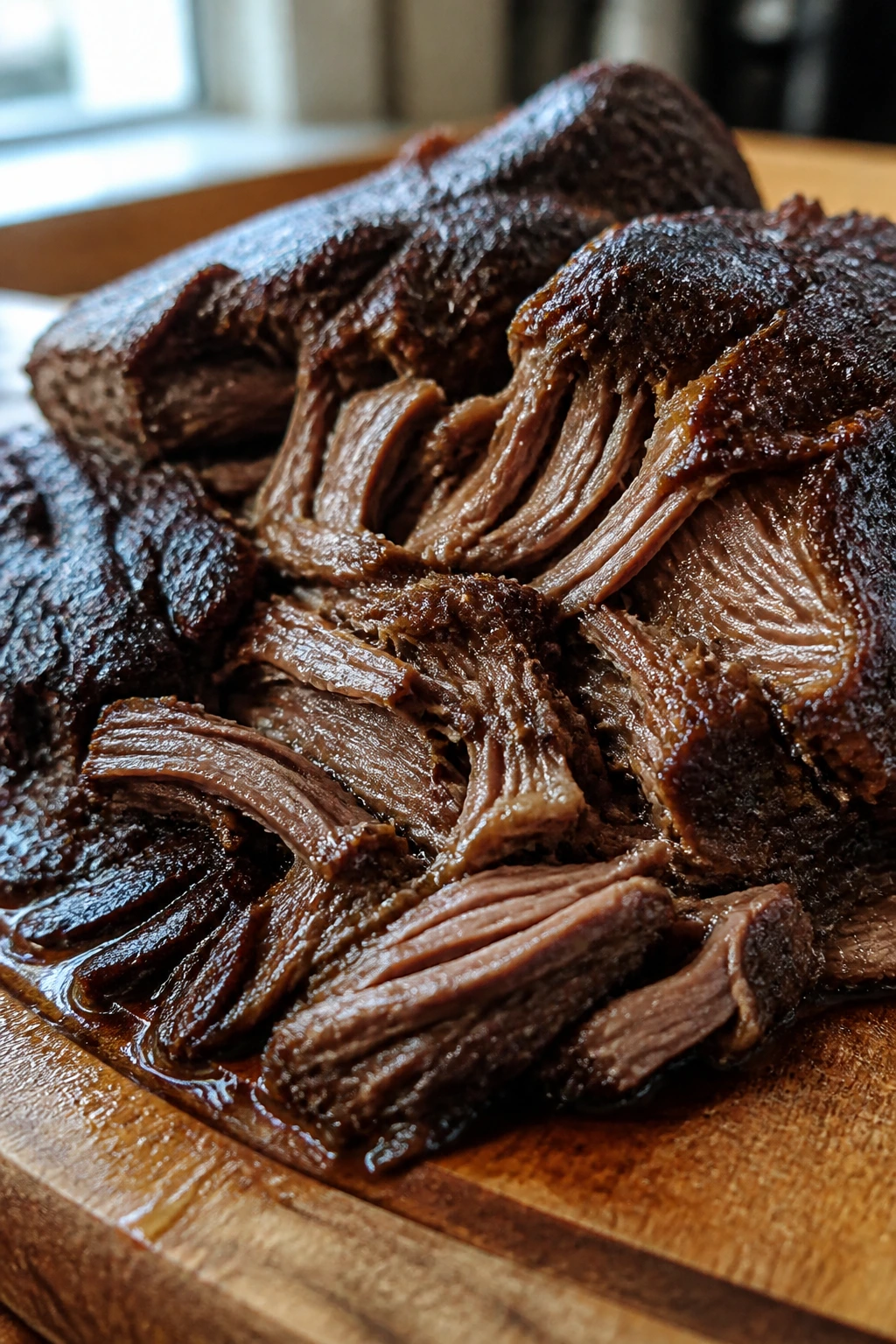 Close-up of a fork-tender chuck roast on a wooden cutting board in warm kitchen light