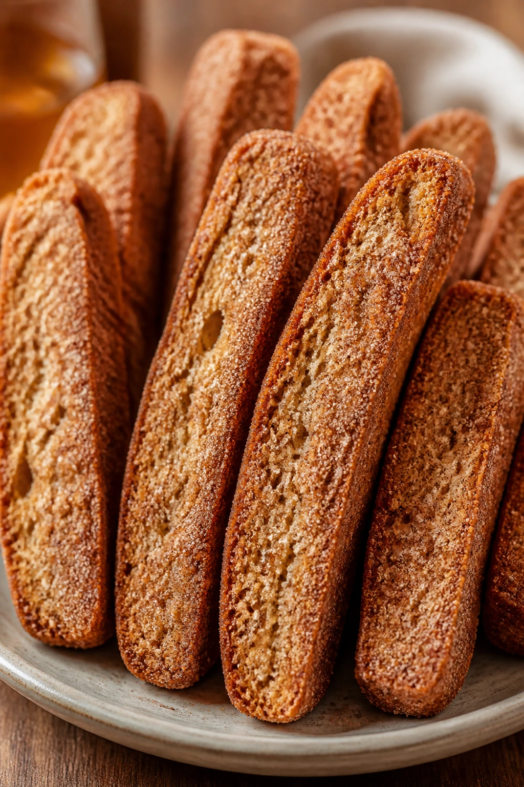 Close-up of churro biscotti standing upright on a plate