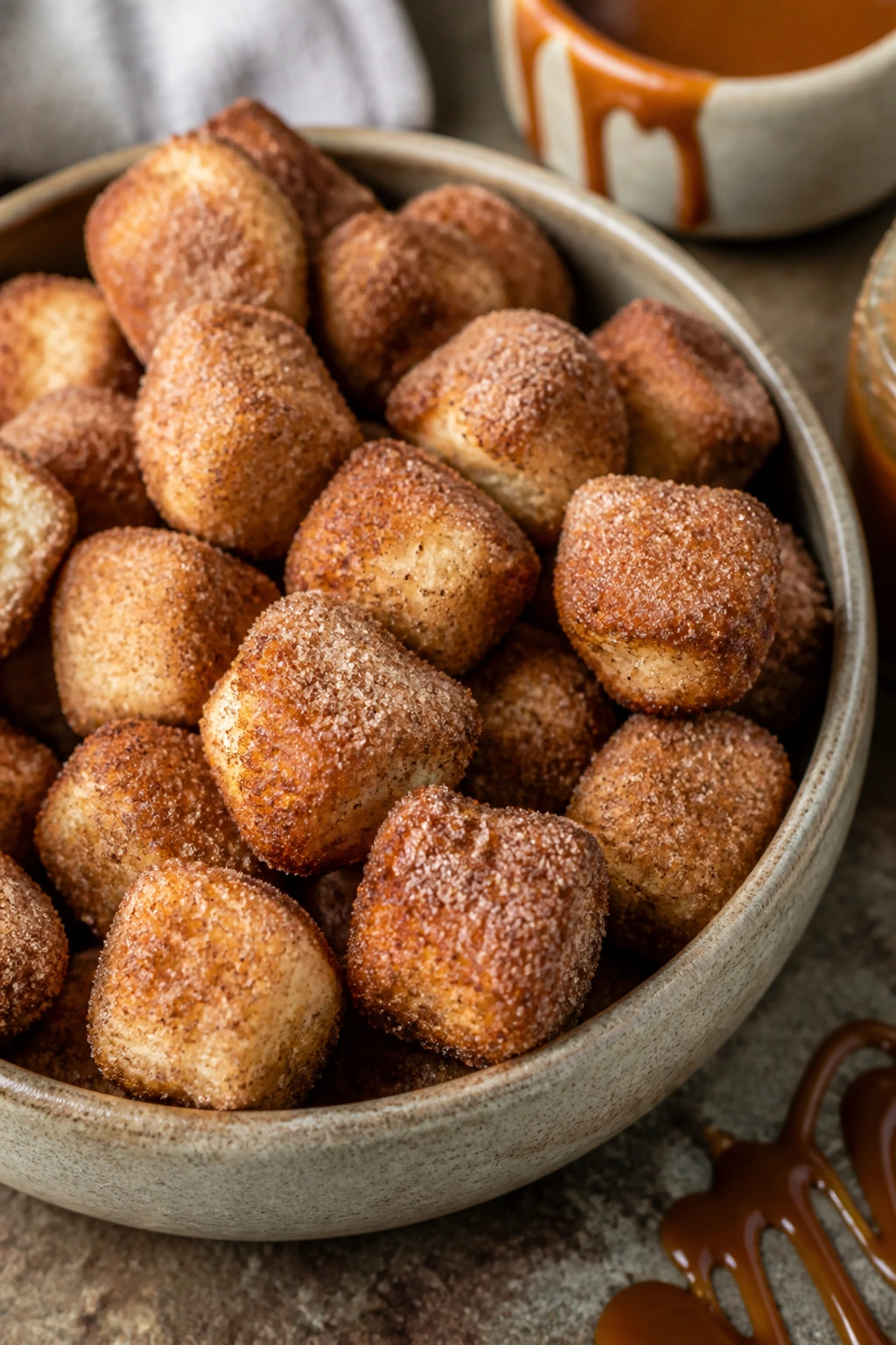 Close-up of churro biscuit bites with cinnamon sugar in a bowl