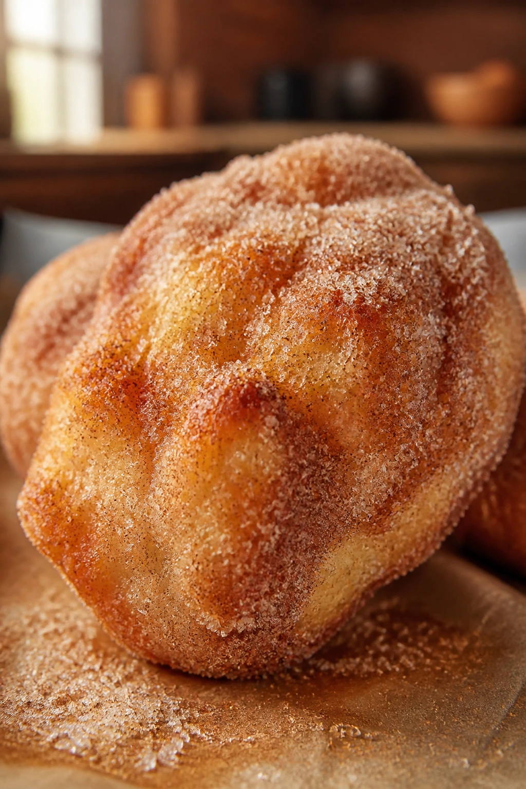 Close-up of churro bite coated in cinnamon sugar