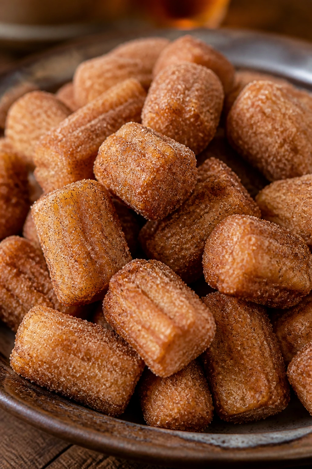 Close-up of churro bites coated in cinnamon sugar on a plate.