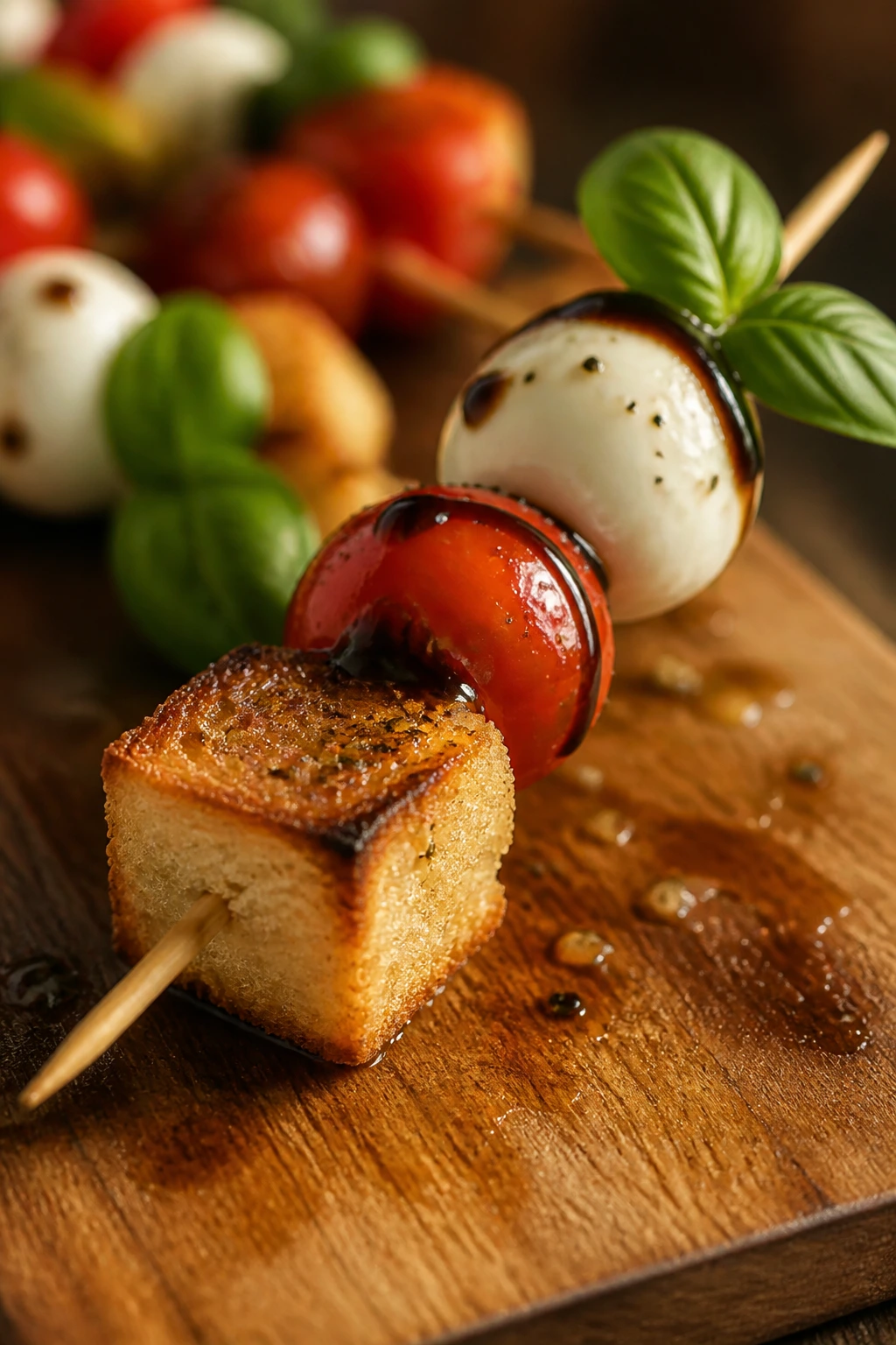 Bruschetta Caprese Skewer with ciabatta bread, tomato, mozzarella, basil