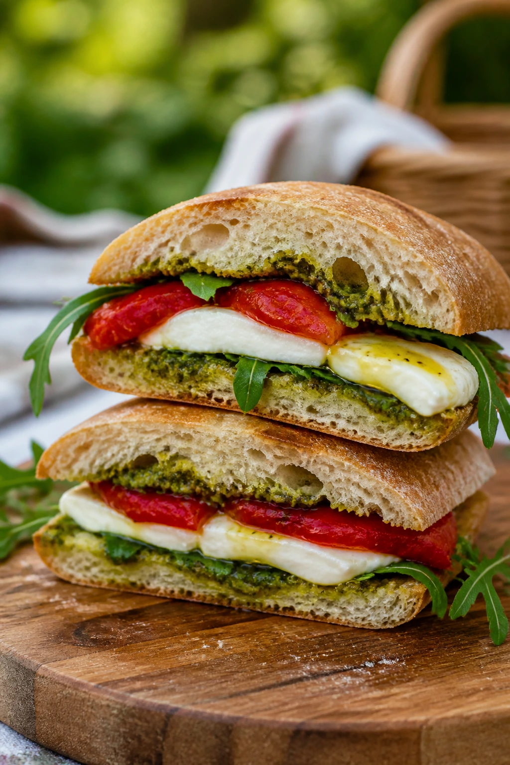 Cross-section ciabatta sandwich with pesto mozzarella peppers