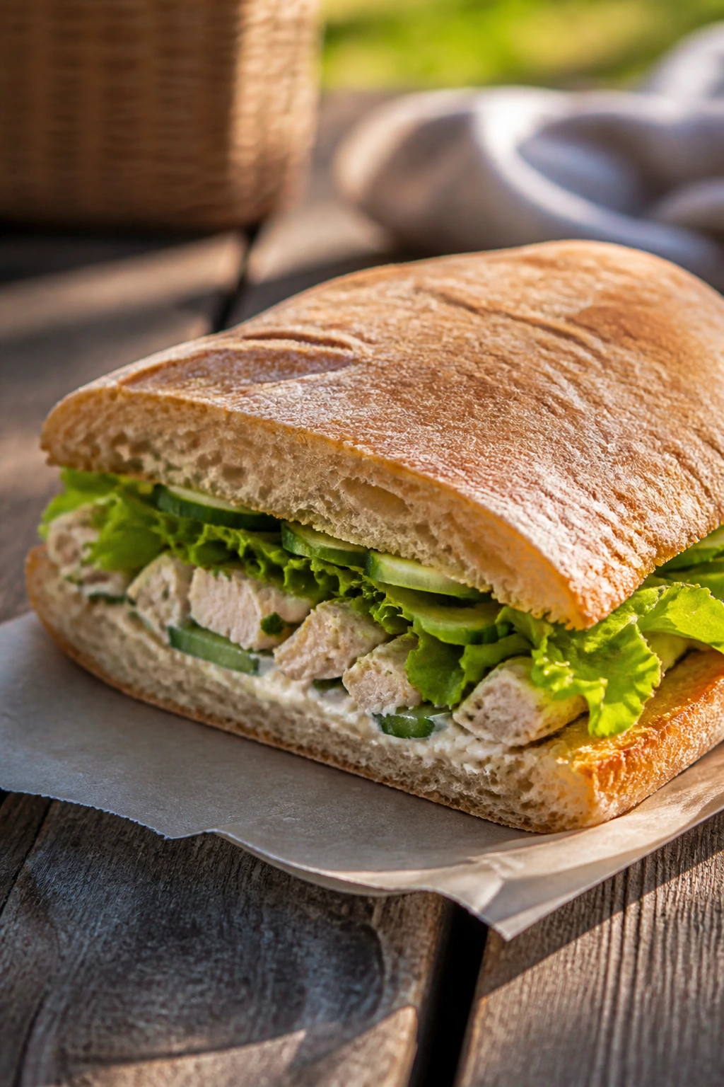Close-up of a sturdy ciabatta sandwich with lettuce and creamy spread on a wooden picnic table