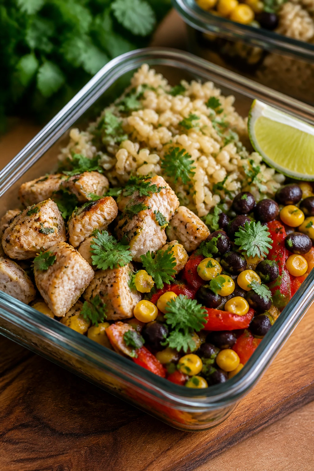Close-up of cilantro-lime chicken burrito boxes with rice beans corn peppers