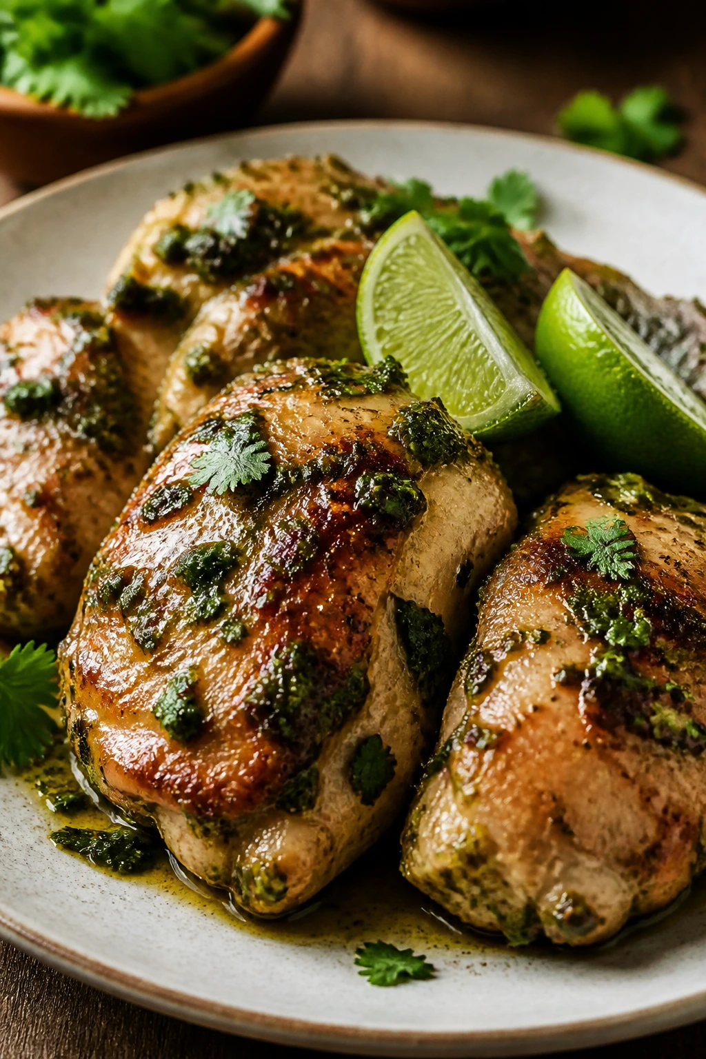 Close-up of cilantro-lime chicken thighs on a plate.