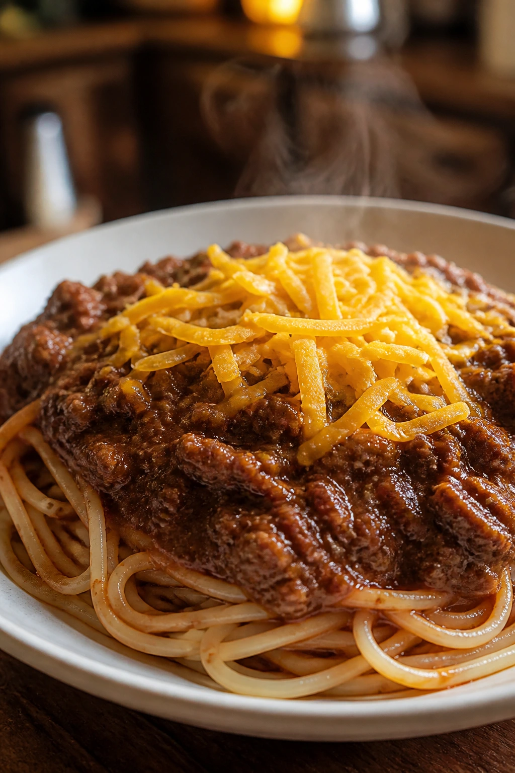 Close-up plate of Cincinnati-style chili over spaghetti with cheddar