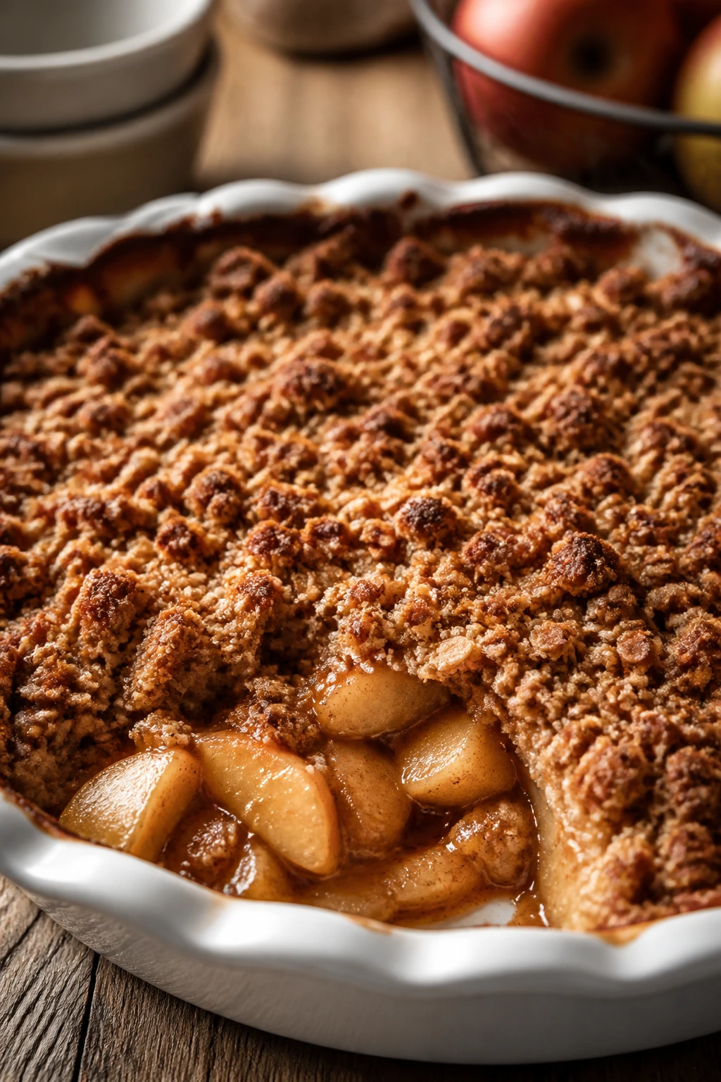 Close-up of cinnamon apple crisp with oat streusel in a baking dish