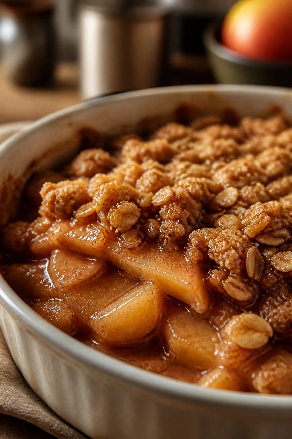 Apple crisp with oat topping in ceramic dish