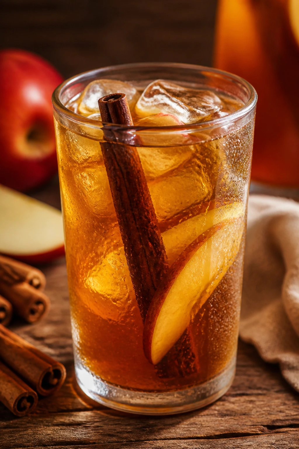 Close-up of cinnamon apple iced tea in a glass with cinnamon stick on rustic wooden table