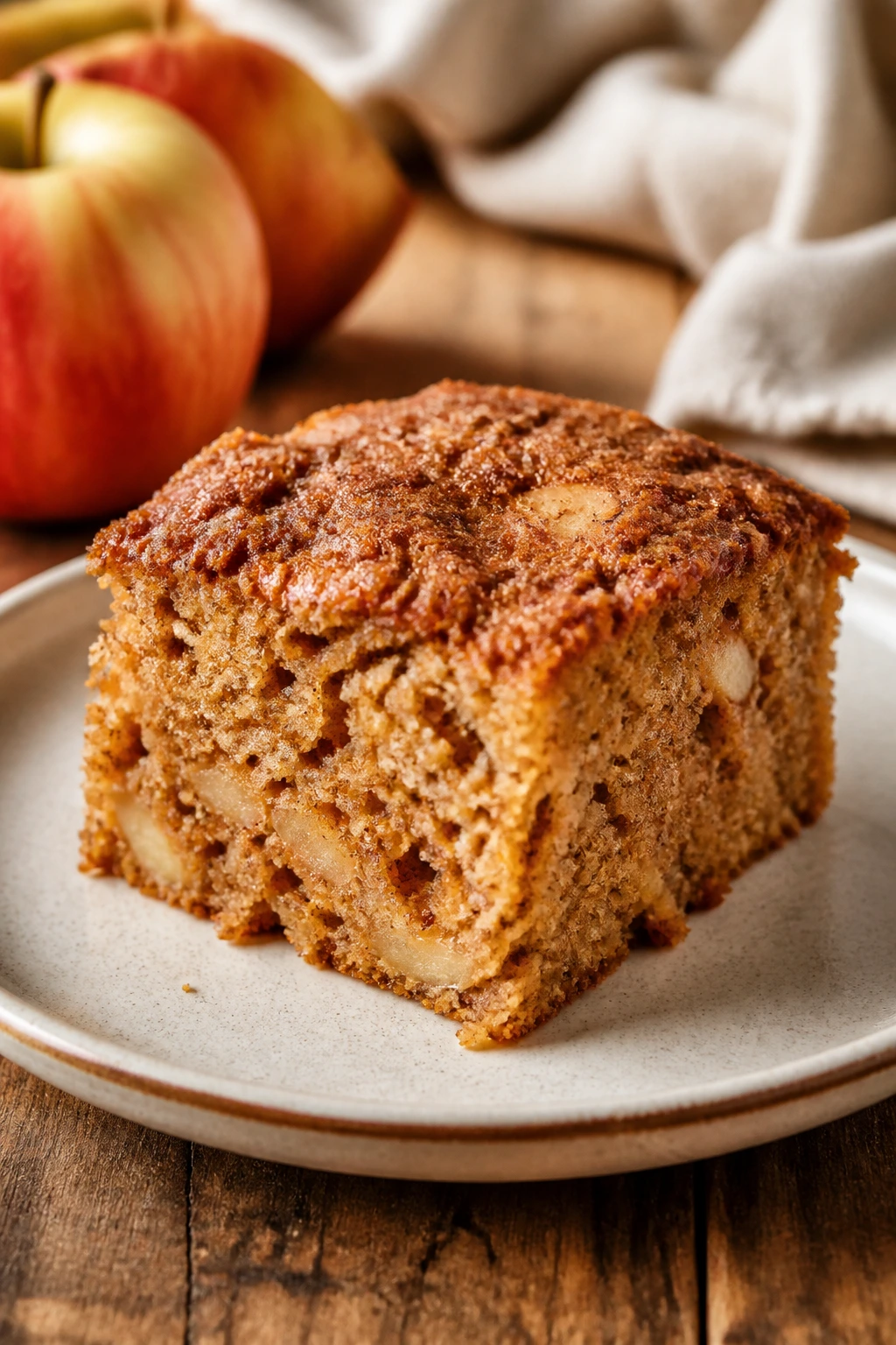 Slice of cinnamon apple snack cake showing cinnamon crumb and apple bits