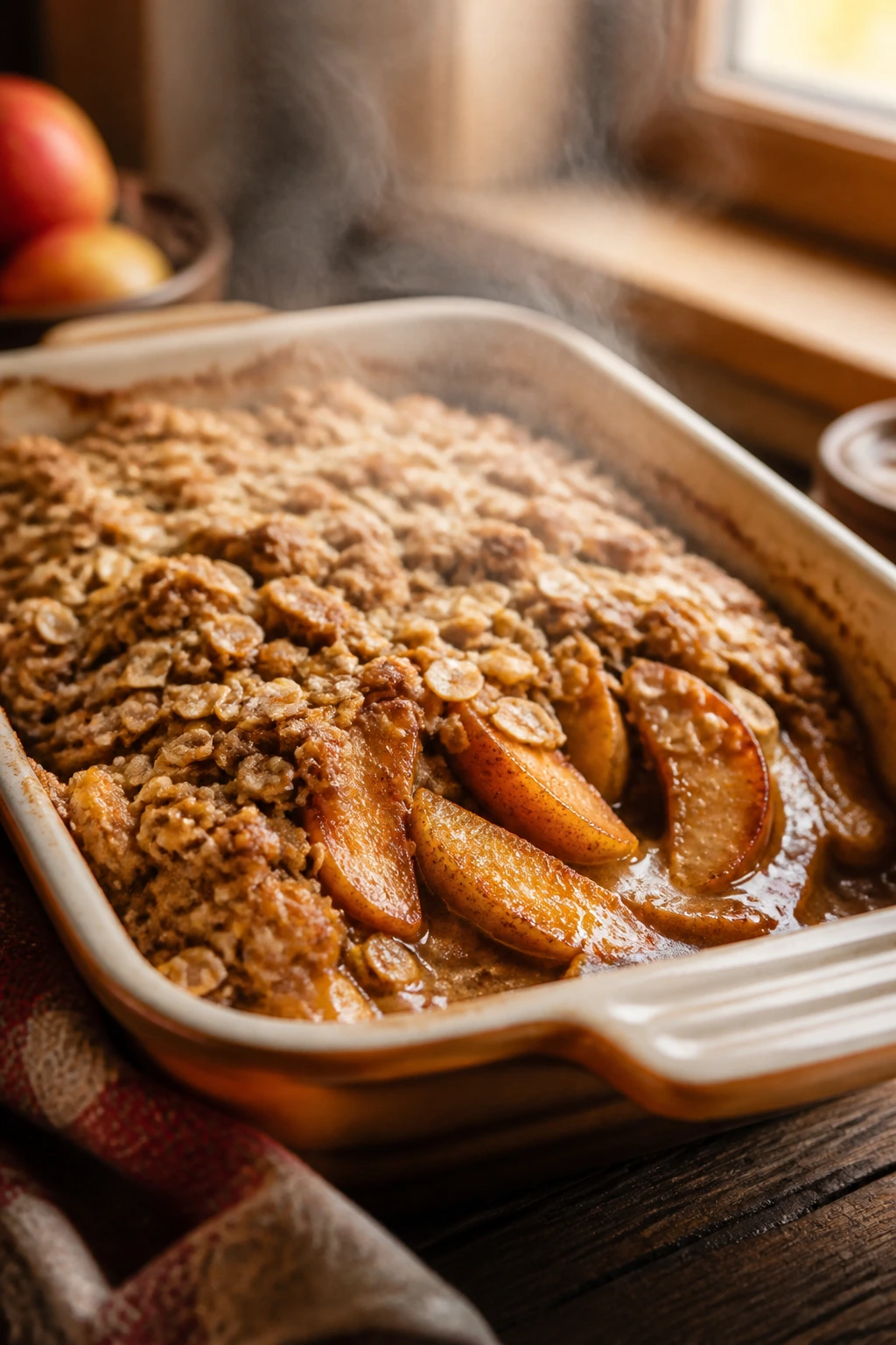 Baked cinnamon apples with oat crumble in a dish.