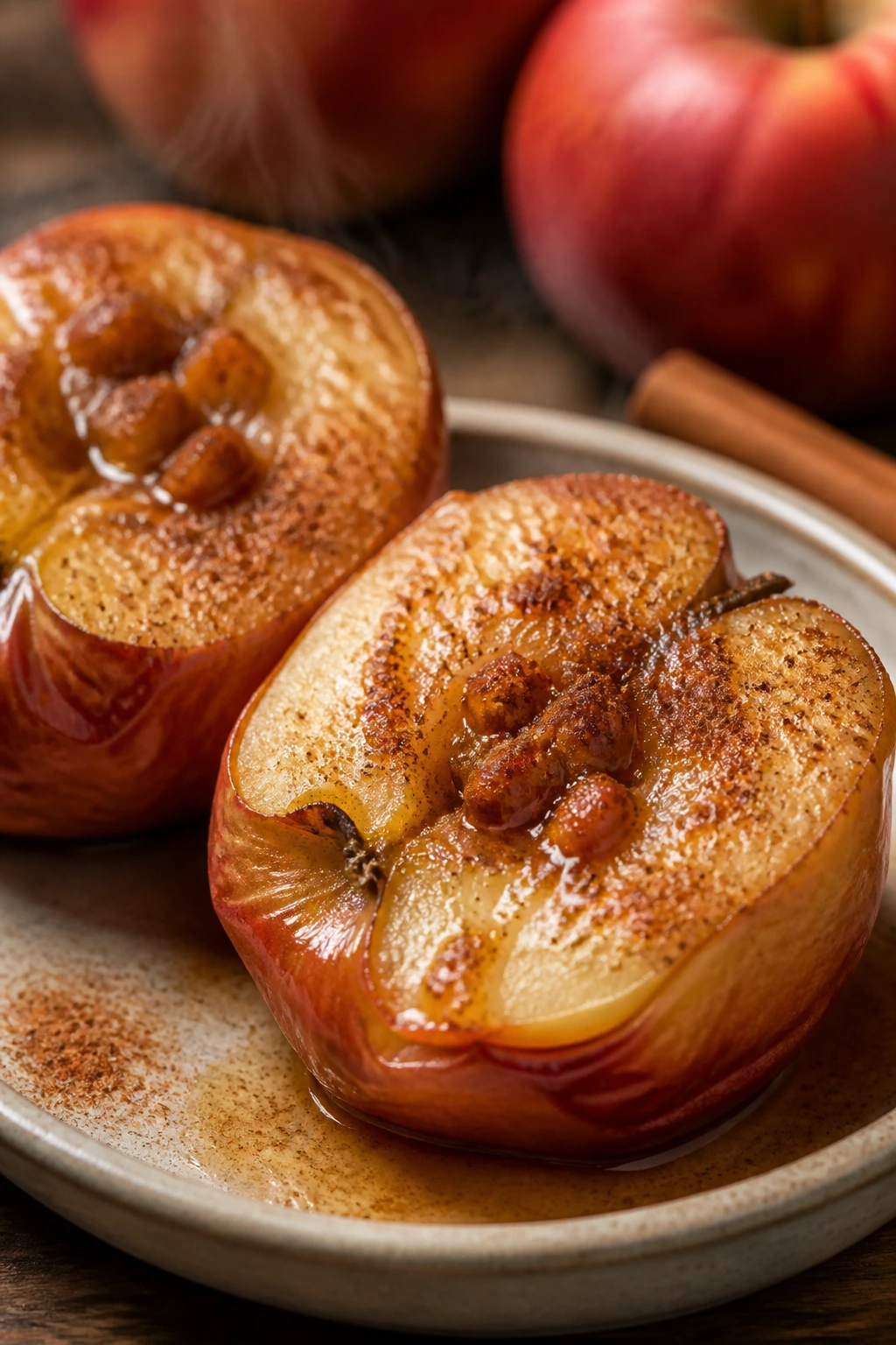 Cinnamon baked apples halved on a plate in a warm kitchen