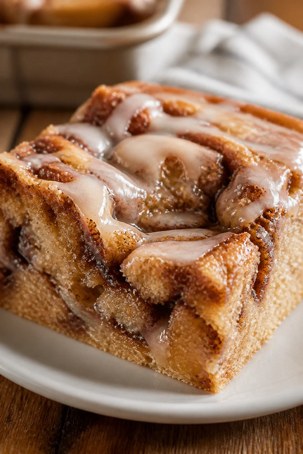 Close-up of cinnamon swirl blondie with glaze on plate