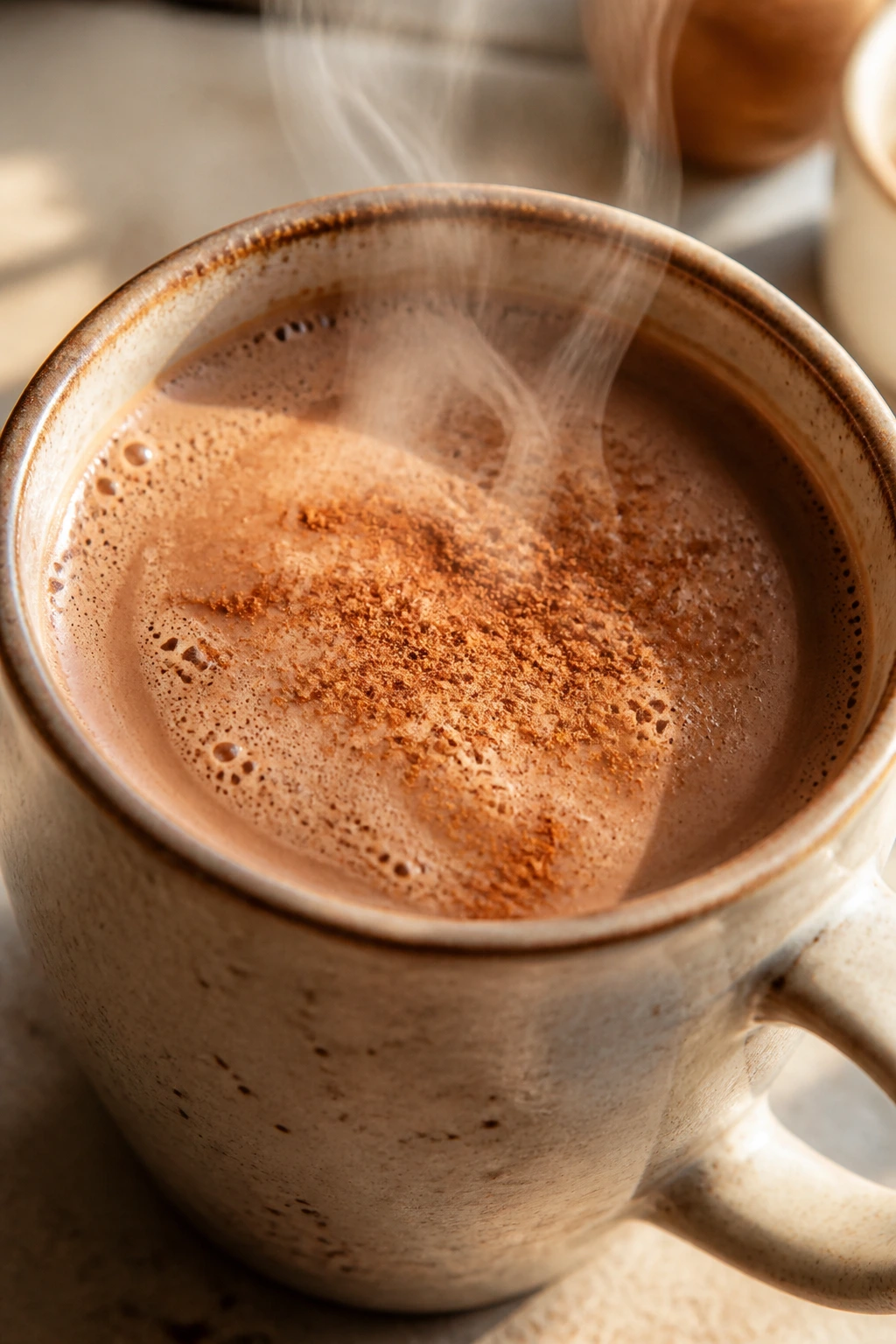 Close-up of Warm Cinnamon Cocoa in a mug with cinnamon dusting