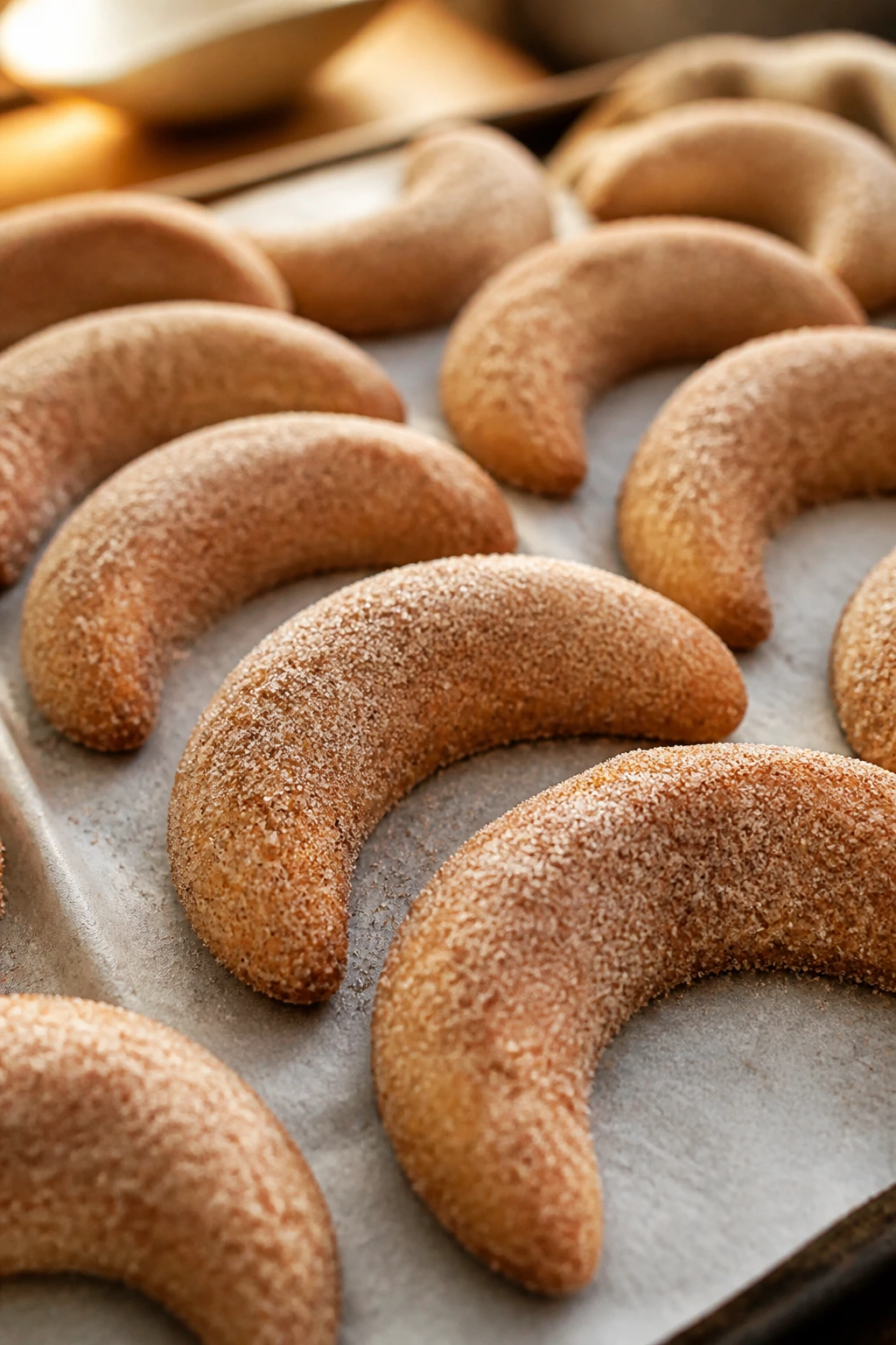 Crescent-shaped cookies with cinnamon sugar on parchment