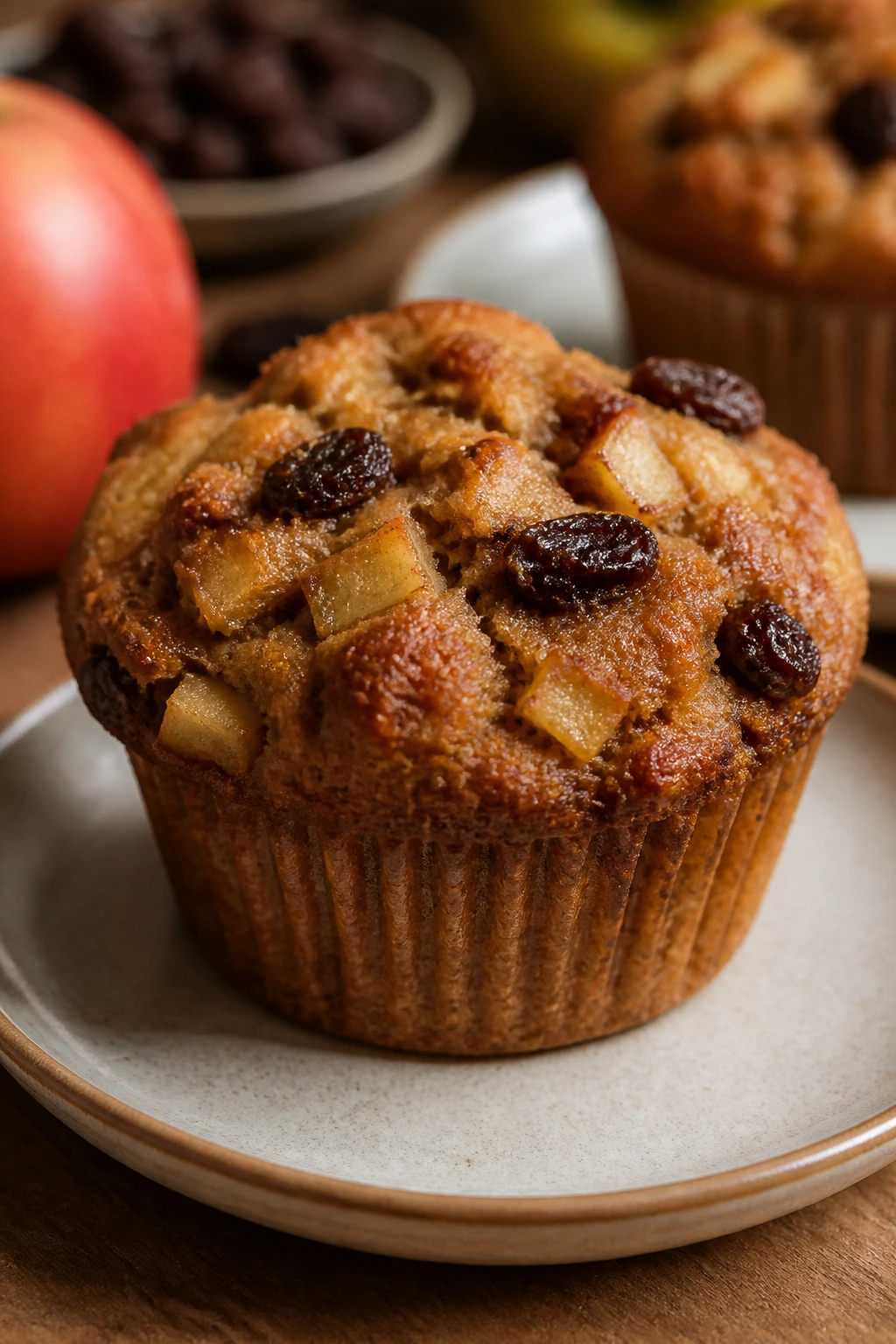Close-up of a cinnamon raisin apple muffin