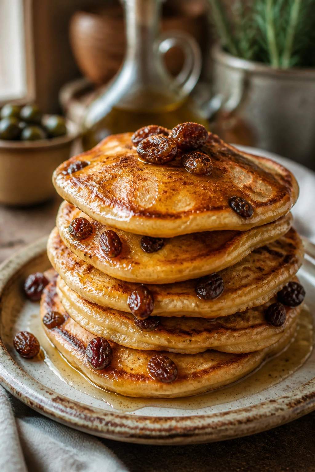 Close-up of cinnamon raisin olive oil pancake stack with raisins