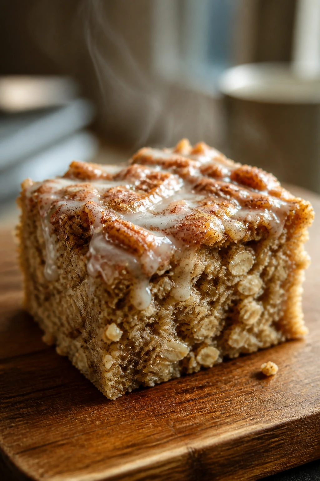 Close-up of a glazed cinnamon roll baked oatmeal square on a wooden board