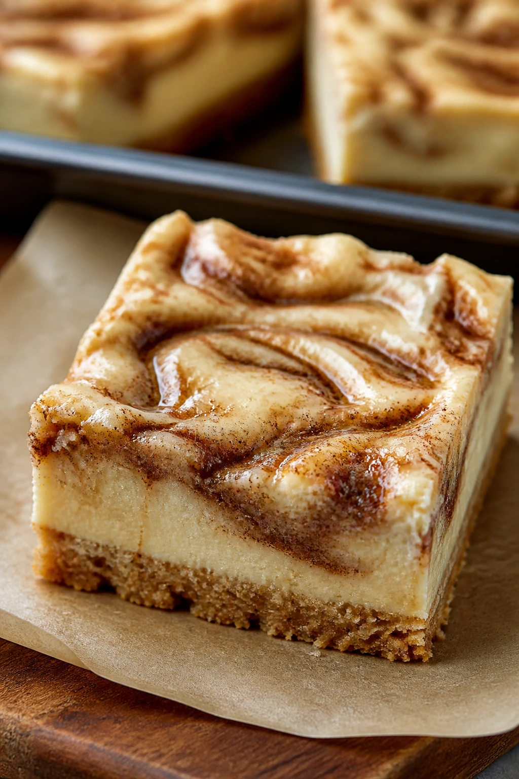 Close-up of a cinnamon roll cheesecake bar with cinnamon swirl on a wooden board