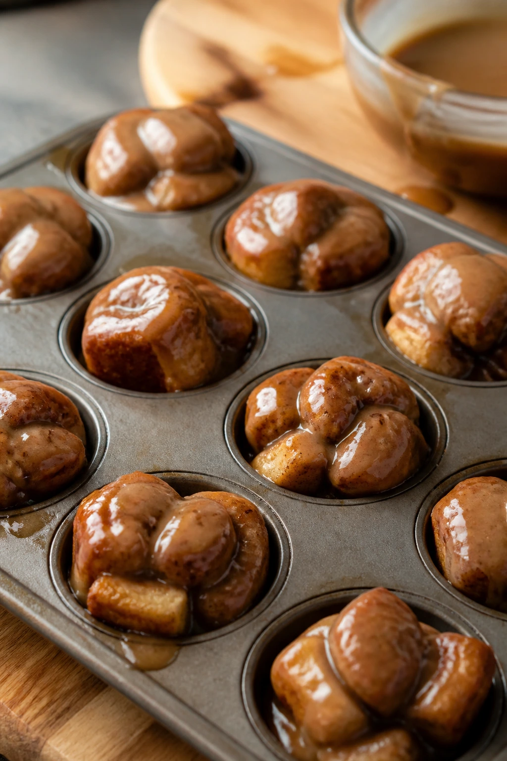 Close up of cinnamon roll bites with glaze in muffin tin