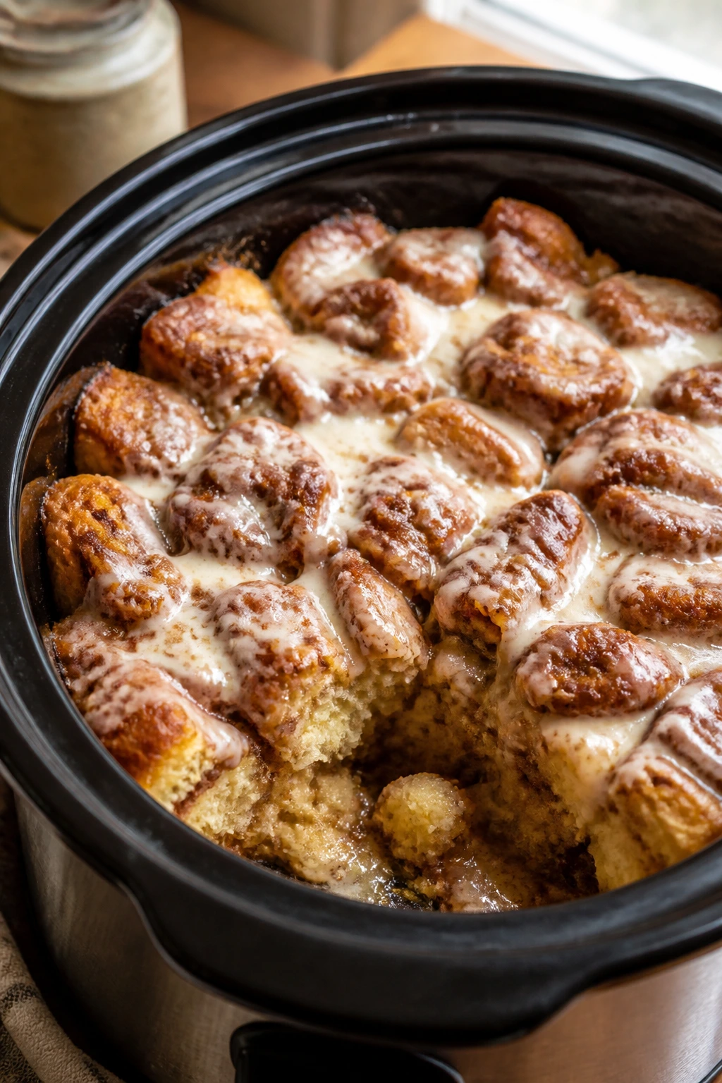 Close-up of Crockpot Cinnamon Roll Casserole with cinnamon swirls and glaze in a cozy kitchen.