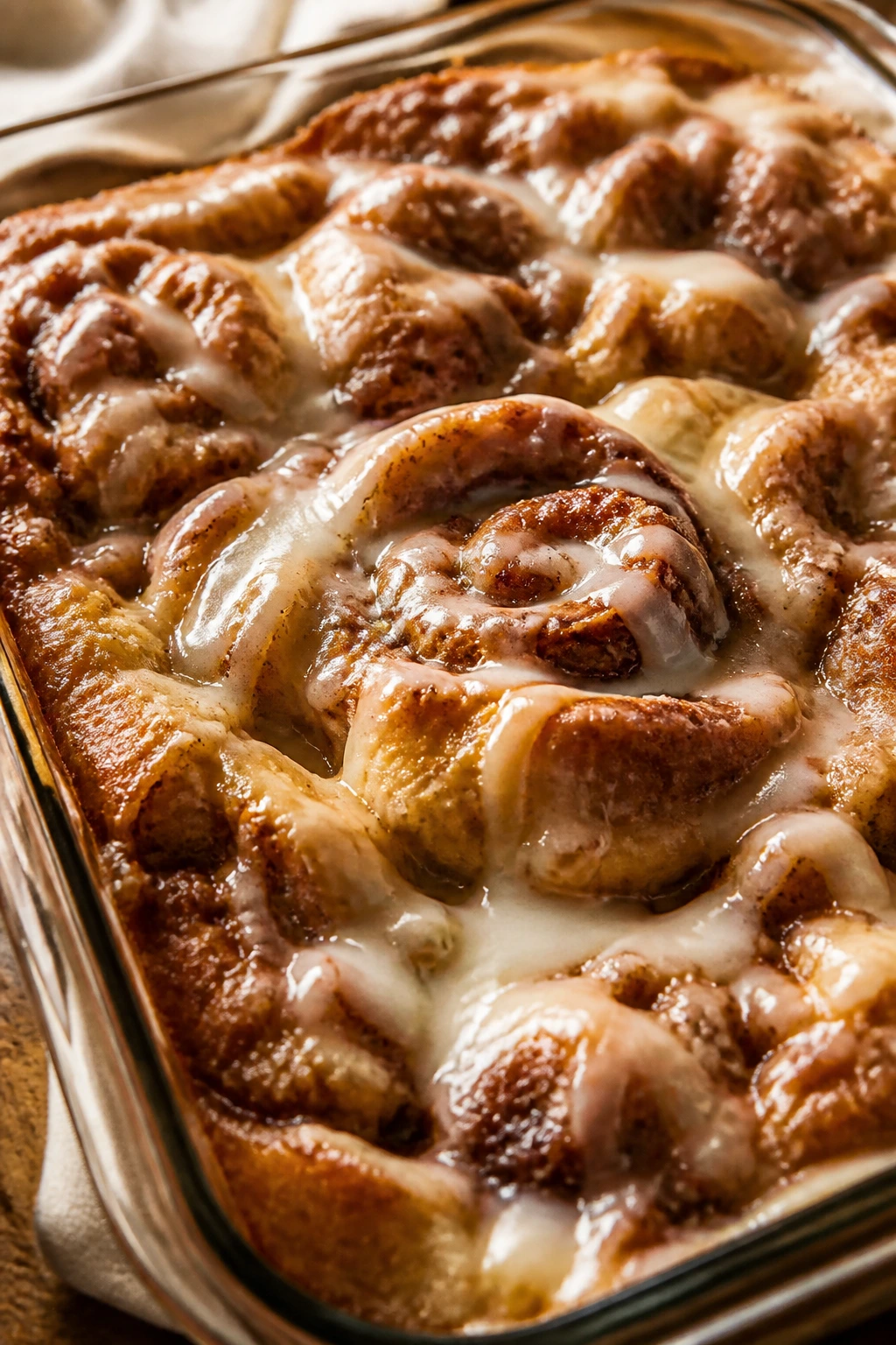 Close-up of cinnamon roll dump cake in a baking dish with gooey swirls