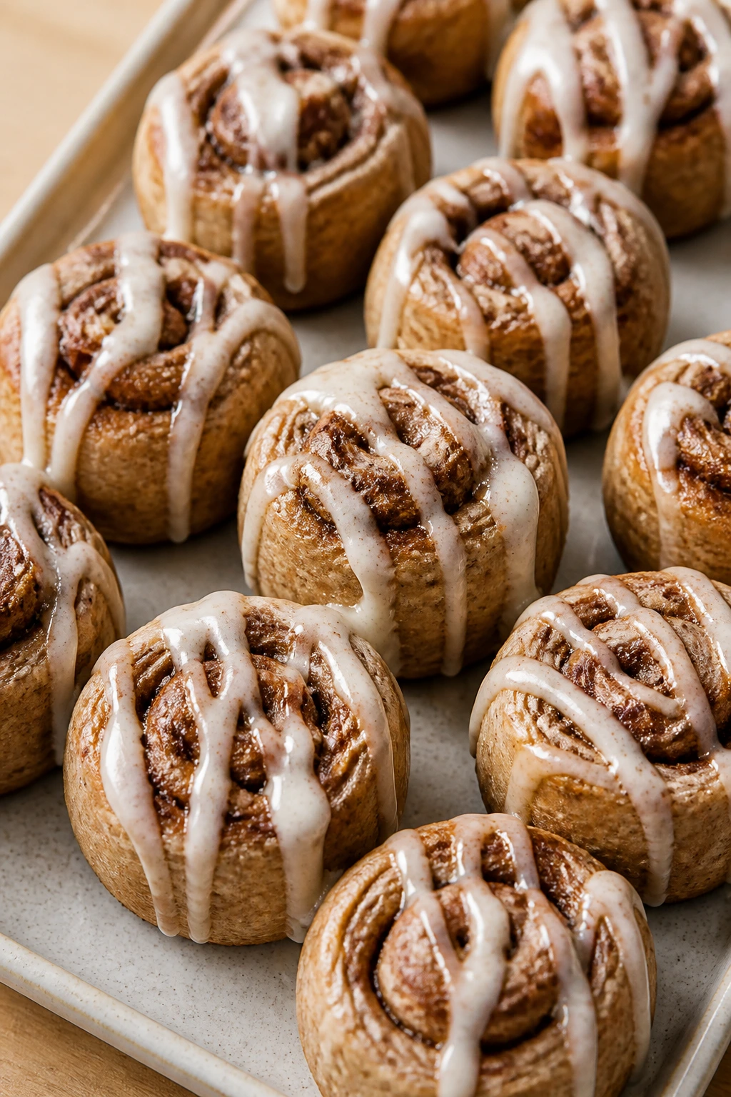 Cinnamon roll-inspired protein bites with yogurt drizzle on a light wooden tray