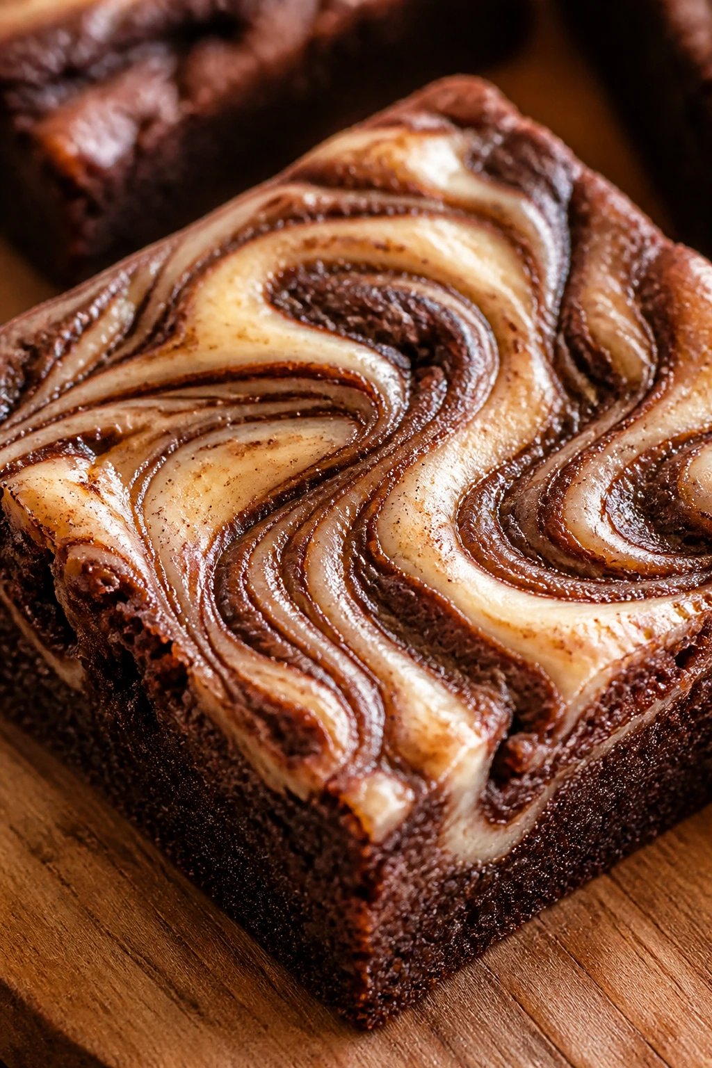 Close-up of Cinnamon Roll Swirl Brownie with cream cheese cinnamon swirl