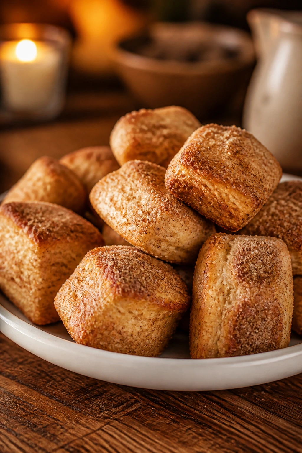 Cinnamon sugar biscuit bites on a plate in a warm kitchen
