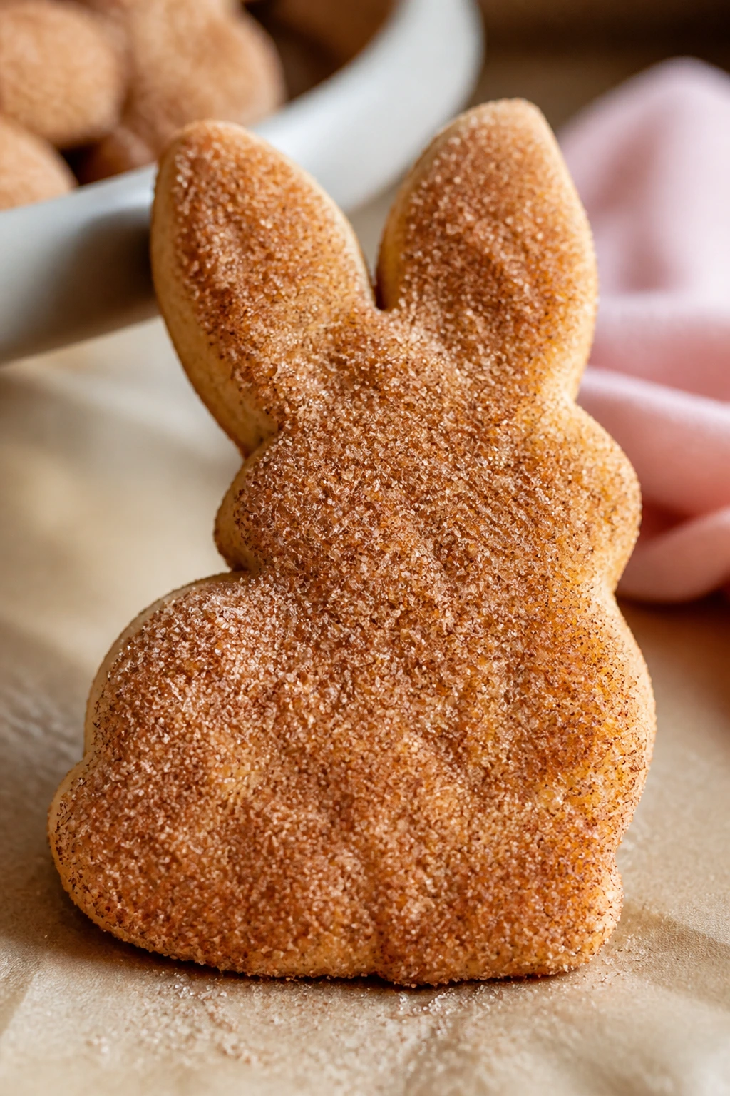Close-up of a cinnamon sugar-coated bunny-shaped cookie