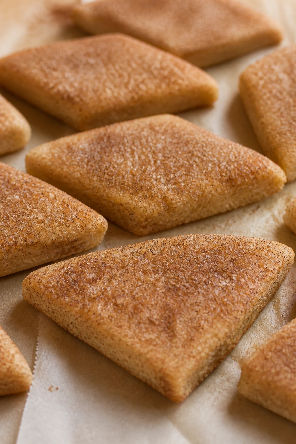 Close-up of cinnamon sugar diamond cookies filling the frame on parchment in a warm kitchen.