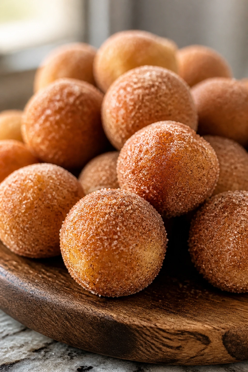 Pile of cinnamon sugar donut holes on a wooden platter