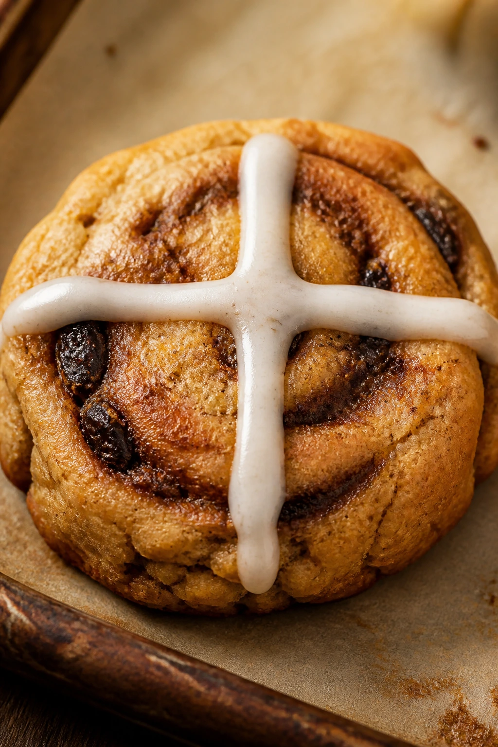 Close-up of Cinnamon Swirl Hot Cross Cookie with cinnamon swirl and glaze cross