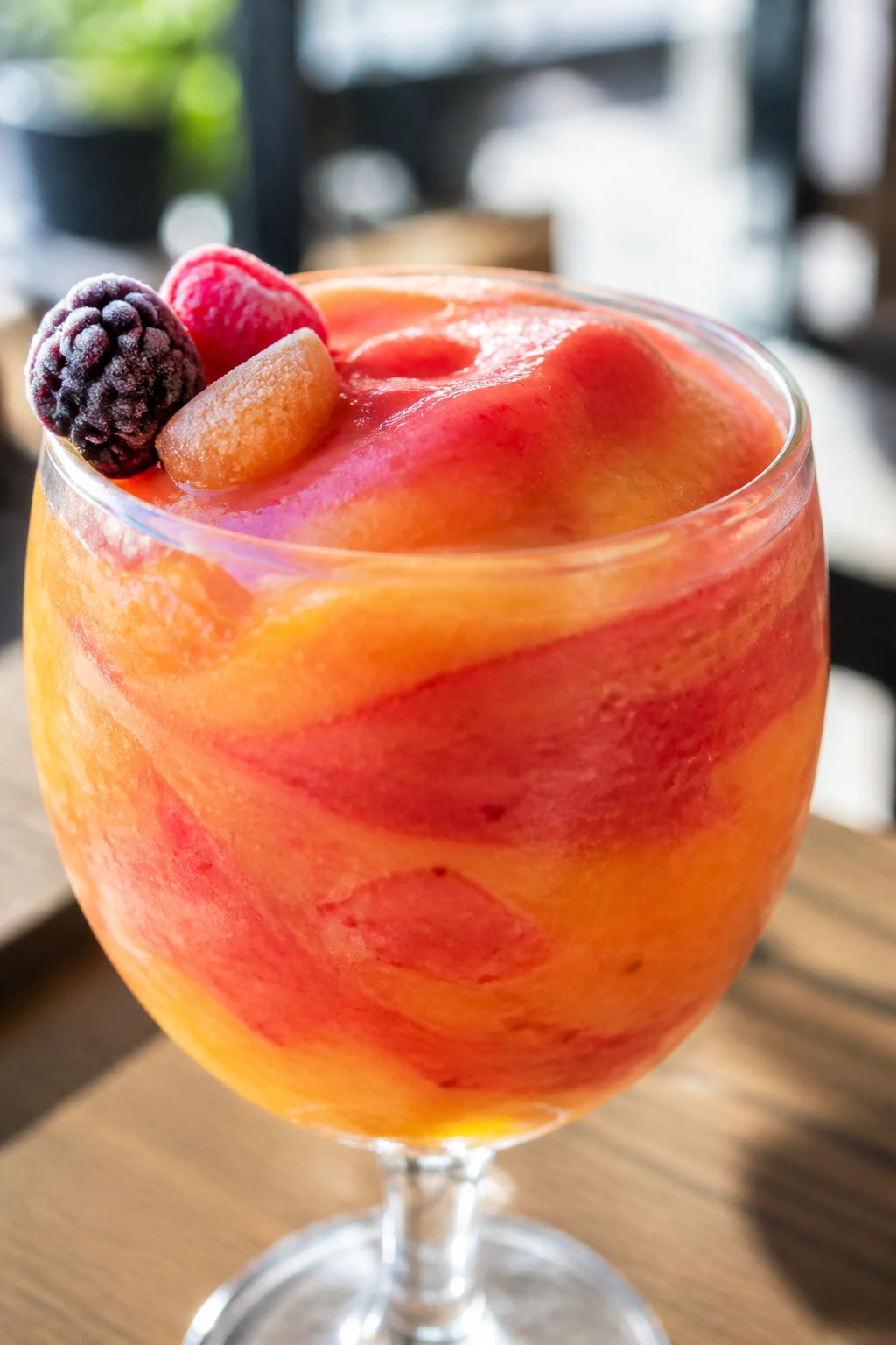 Close-up of Citrus Berry Sherbet Smoothie in stemmed glass
