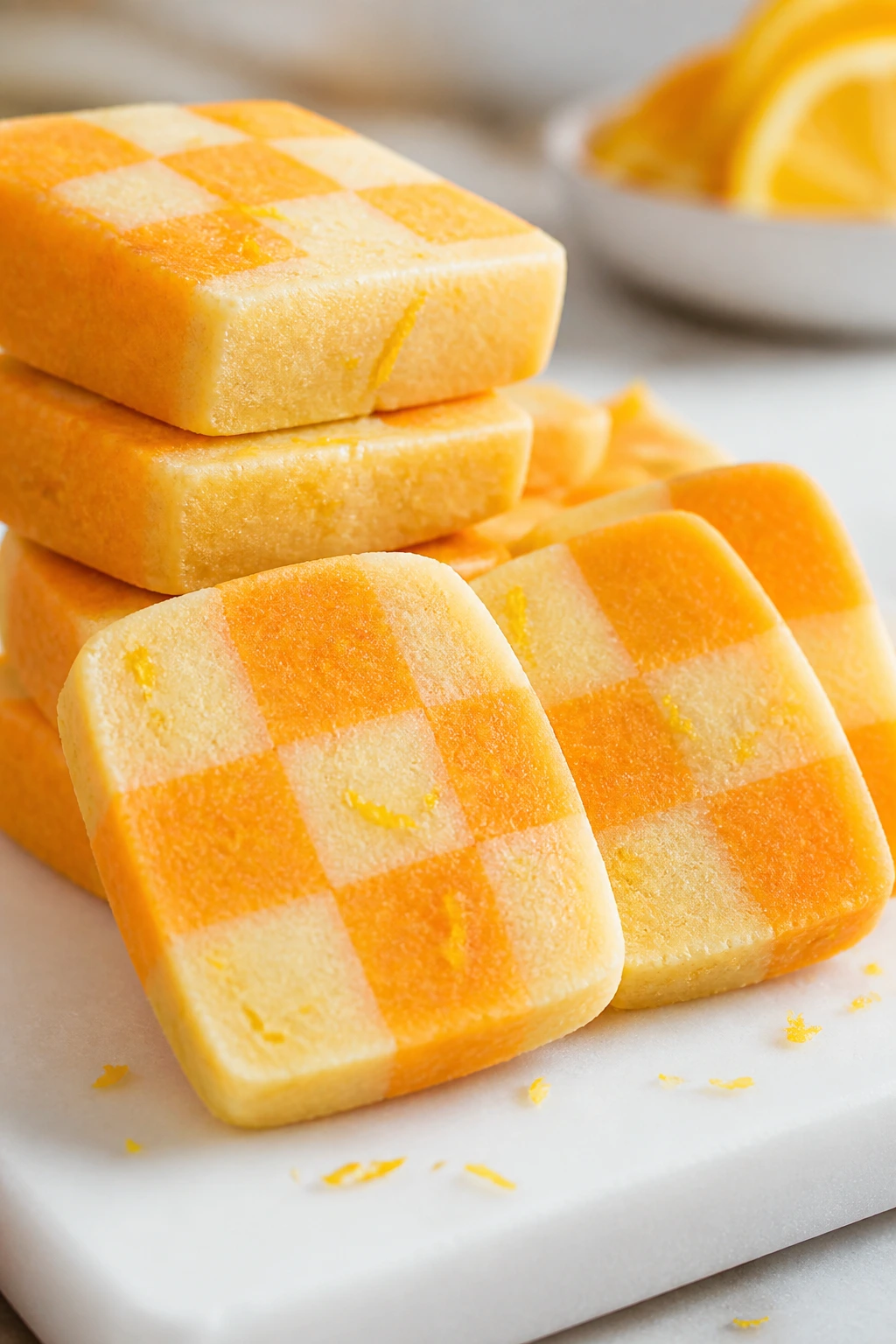 Close-up of citrus checkerboard cookies showing lemon and orange zest