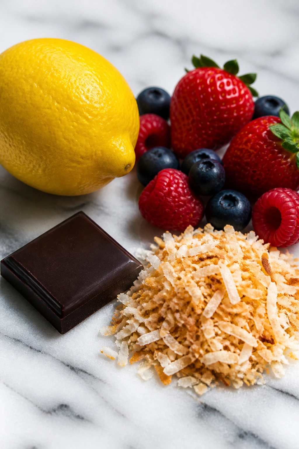 Lemon, chocolate, coconut, and berries arranged for smart shopping