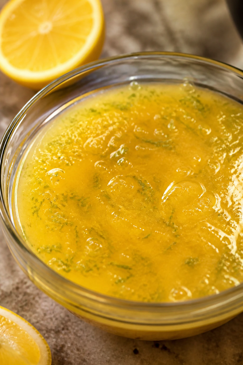 Close-up of bright citrus dressing in a glass bowl on a real kitchen counter