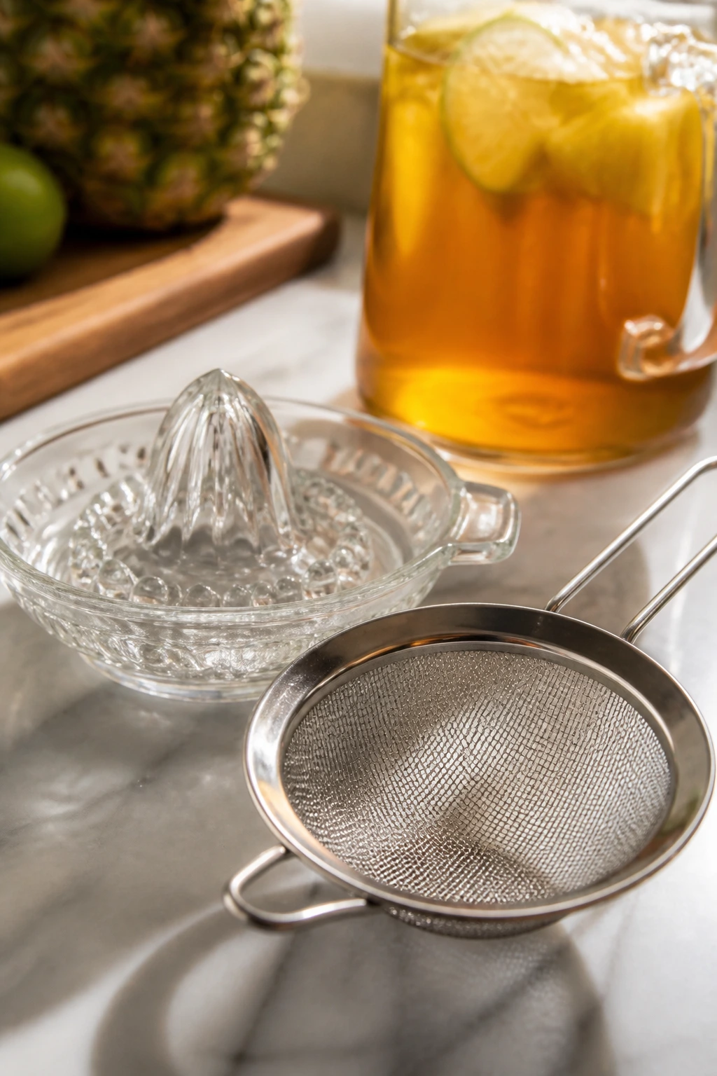 Citrus juicer and fine mesh strainer on counter with pitcher in background
